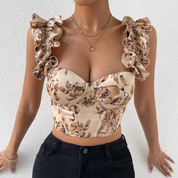 Tops - Apricot Boho Women's Floral Print Lace Up Backless Bustier Crop Wide Strap Top